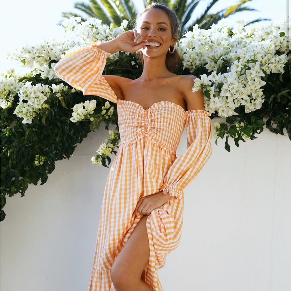 Orange Gingham Off Shoulder Dress